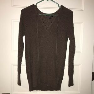 Brown Lace-Up Waffle Knit Sweater